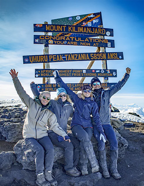 Family sitting in front of the sign at Uhuru Peak on the summit of Kilimanjaro
