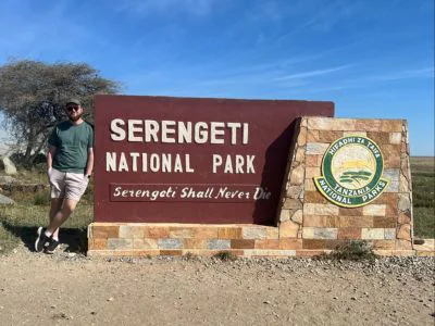 Liam at the intrance to the Serengeti