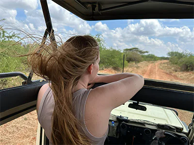 Isabella in a safari jeep in Kenya