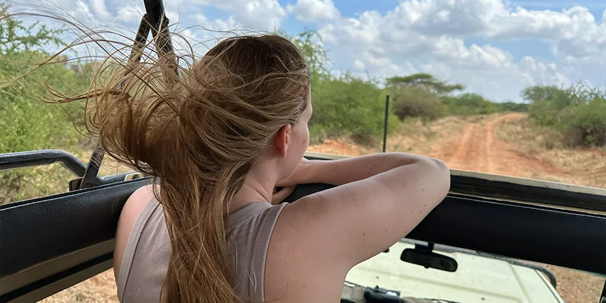 Isabella in a safari jeep in Kenya