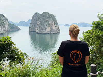 Michelle from TourCompass gazes out across Bai Tu Long Bay in Vietnam