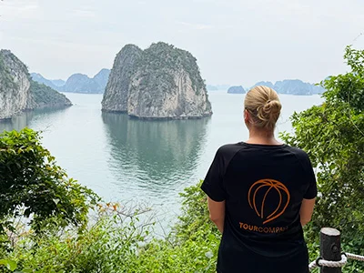 Michelle from TourCompass gazes out across Bai Tu Long Bay in Vietnam