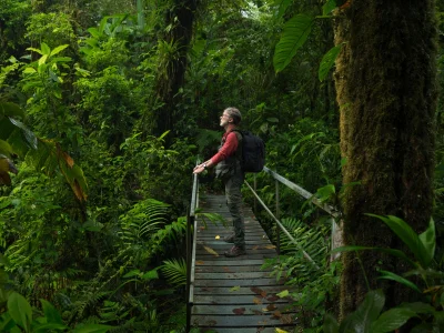 A man stands on a bridge in the Costa Rican jungle