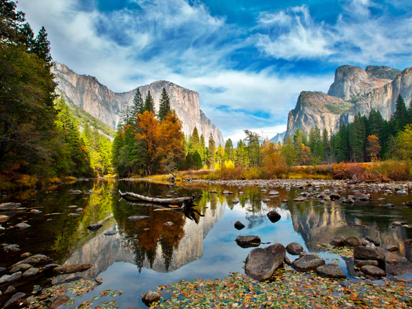 El Capitan and the Merced River in Yosemite National Park draped in the colours of autumn