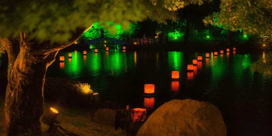Lanterns on the water during Obon in Japan