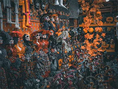 Exhibition featuring skeletons dressed in orange and black