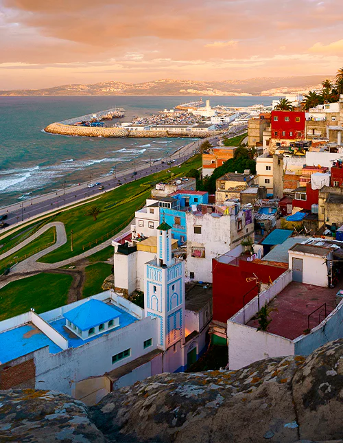 A beautiful view of the Moroccan city of Tangier looking towards the beach during the sunset