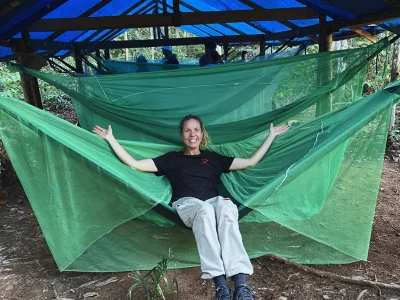 Jude is relaxing in a hammock in the Amazon jungle