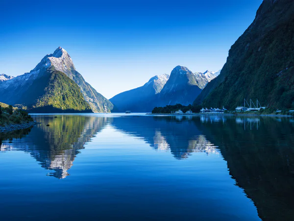 Clear blue skies at Milford Sound in New Zealand