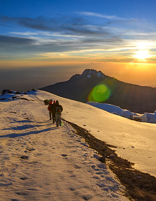 A group of trekkers on the Machame Route at sunrise