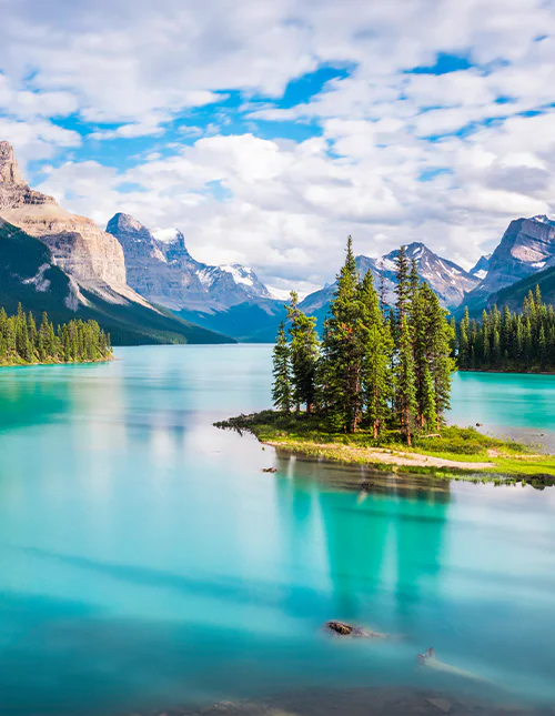 Spirit Island on Maligne Lake at sunset in Jasper National Park