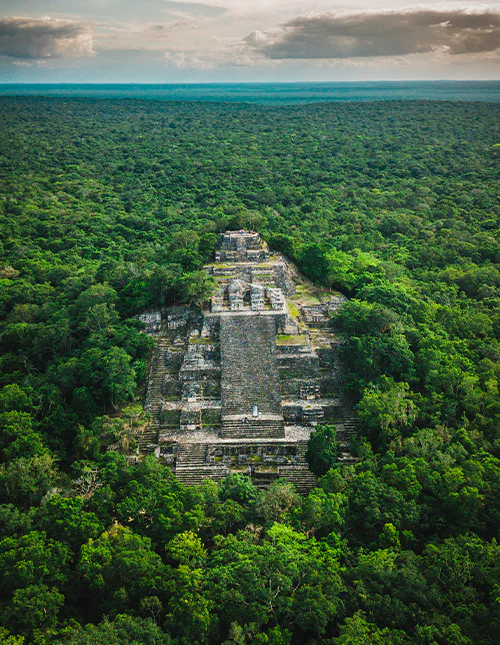 Ruins of the ancient Mayan city of Calakmul surrounded by the jungle
