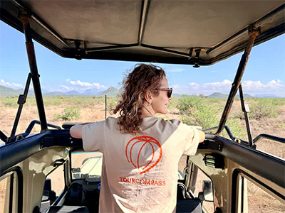 Woman in a TourCompass T-shirt on safari in Samburu in November