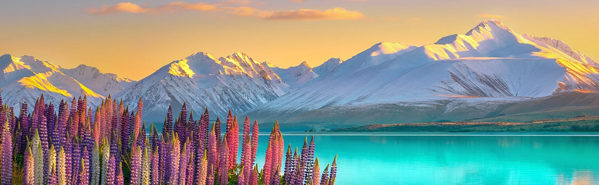 Lake Tekapo in New Zealand, with colourful lupins, turquoise waters and snow-capped mountains