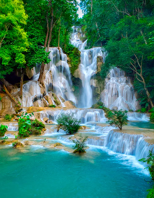 Kuang Si Waterfall, the largest and most scenic falls in Luang Prabang, Laos.