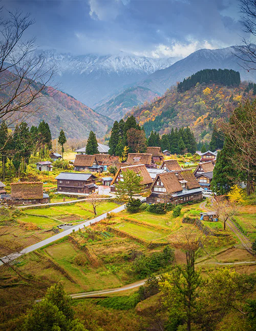 View over the mountain village of Shirakawa-go