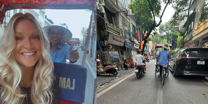 Millie on cyclo in Hanoi