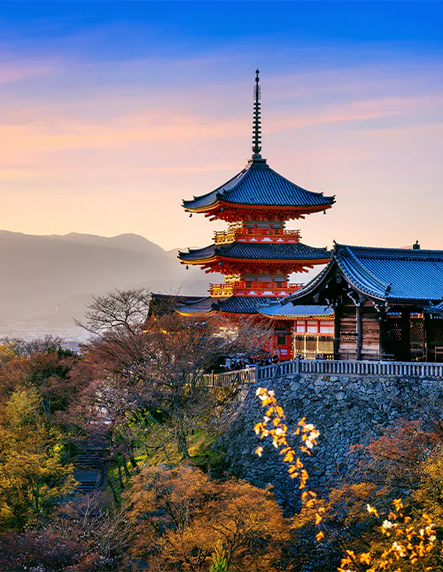 Sunset over the Kiyomizu Temple in Kyoto, Japan