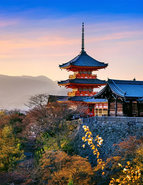 Sunset over the Kiyomizu Temple in Kyoto, Japan