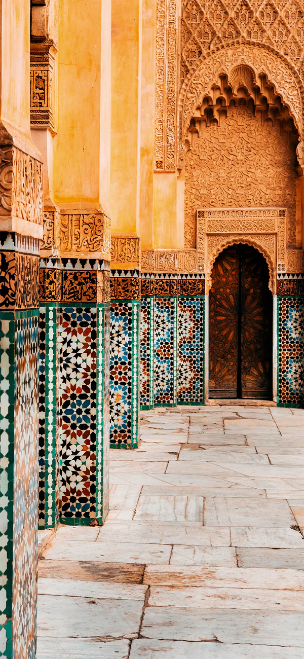 Colorful ornamental tiles at moroccan courtyard