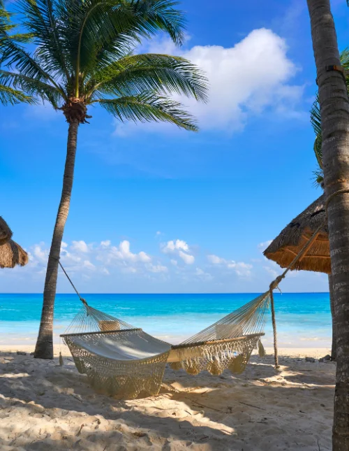 Playa del Carmen beach hammocks in Riviera Maya Caribbean at Mayan Mexico