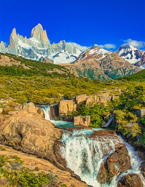 Views of the Patagonian landscape with the majestic Mount Fitz Roy in the background