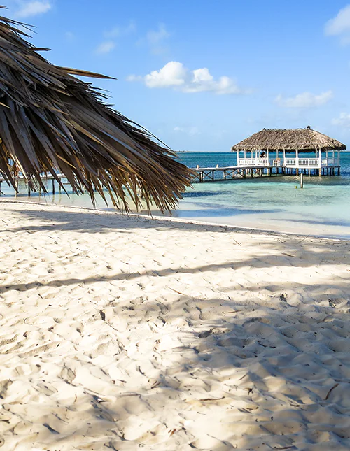White sandy beach with turquoise sea and bungalow on stilts