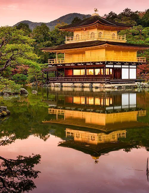 Kyoto, Japan at the Golden Pavilion at dusk.