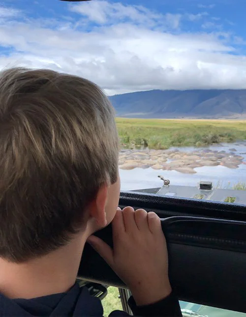 A child gazes out from a safari vehicle towards a river and the savannah