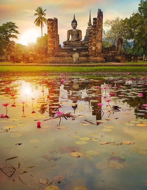 Sunset by the Buddha and the lotus pond
