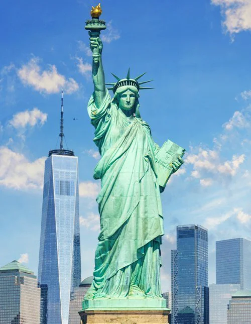 Panoramic view of New York City with the Statue of Liberty at sunrise tomorrow. Seen from Staten Island