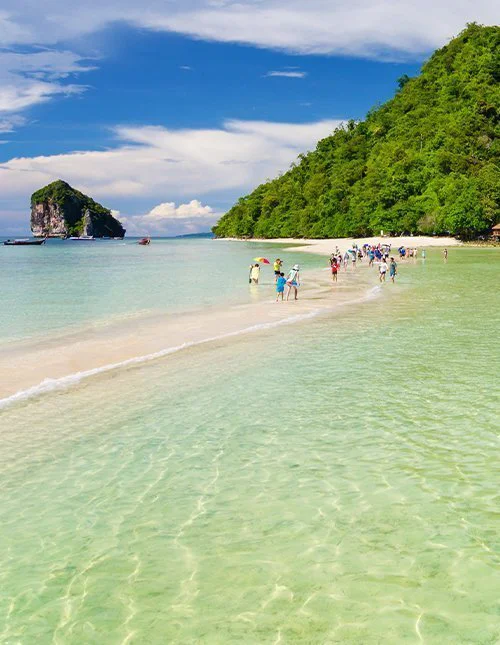 Sunset view over a bay in Thailand, with city lights and green hills